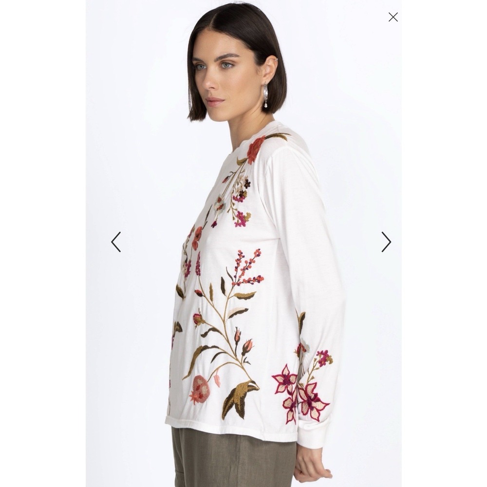 Johnny Was Women Floral Embroidered Top Size XS Long Sleeves Crewneck White Chic